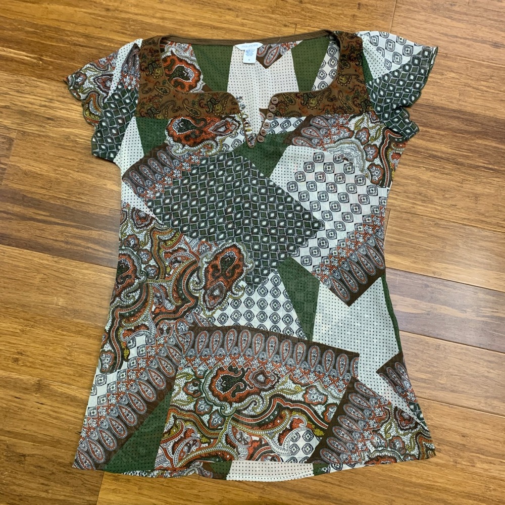 Y2K Maurices Patchwork Paisley Blouse Top Brown Green Button Accent Size Medium‎